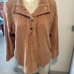 Ruby Rd. Tan Ribbed V-Neck Sweater with Snap Placket